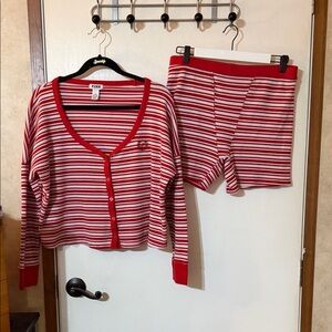 PINK Victoria's Secret Red and White Striped Pajama Set